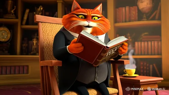 Orange Cat in Sophisticated Pose Reads Book on Rocking Chair – AI Generated Video | Hailuo AI