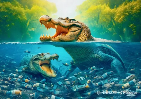 Surreal Underwater Scene with Polluted River and Crocodiles – AI Generated Video | Hailuo AI