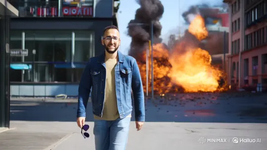 Man Walks Calmly Through Urban Explosion – AI Generated Video | Hailuo AI