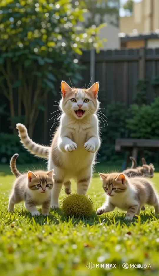 Joyful Feline Family Plays Cat Football in Backyard – AI Generated Video | Hailuo AI