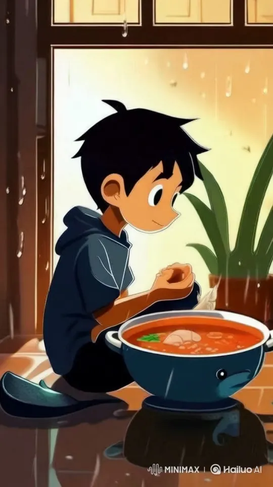 Boy Observes Cooking Soup Amid Rain's Rhythm – AI Generated Video | Hailuo AI