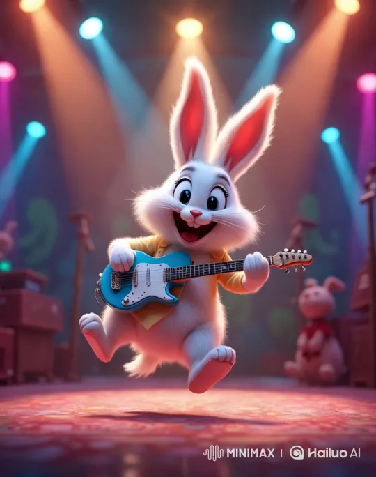 Animated Rabbit Enthusiastically Plays Guitar on Vibrant Stage – AI Generated Video | Hailuo AI