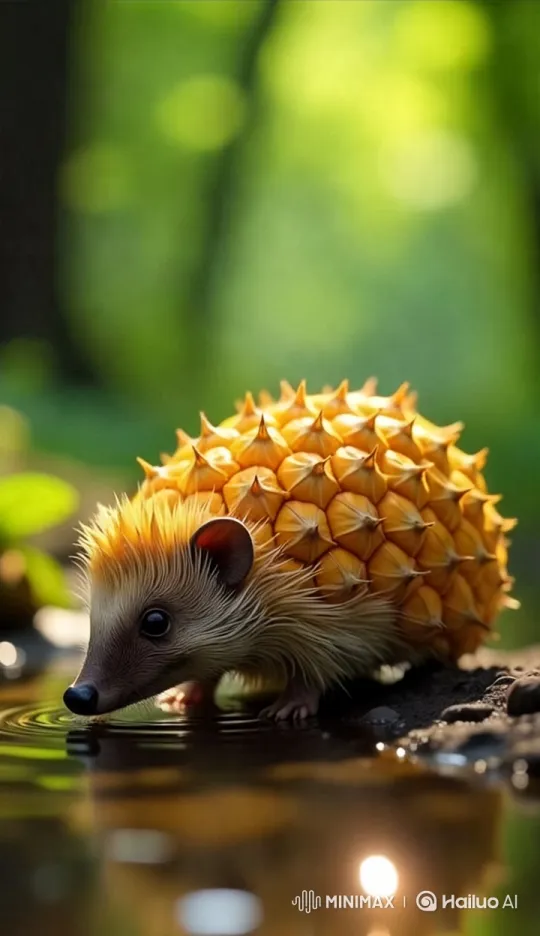 Golden Hedgehog Drinks from Tranquil Forest Pond – AI Generated Video | Hailuo AI