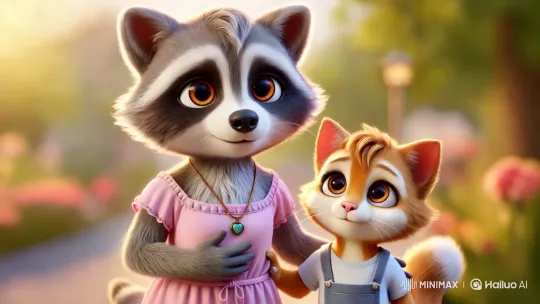 Animated Scene of Motherly Love Between Raccoon and Cat – AI Generated Video | Hailuo AI