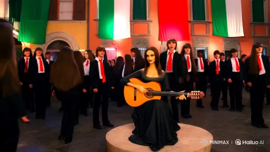 Monna Lisa Plays Guitar in Patriotic Italian Disco Scene – AI Generated Video | Hailuo AI