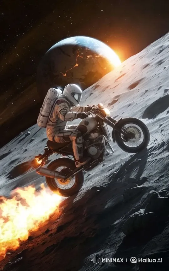 Astronaut Motorcyclist Rides Across Lunar Landscape to Earth – AI Generated Video | Hailuo AI