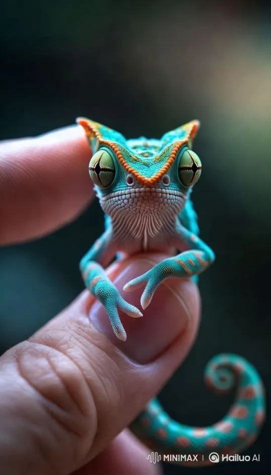 Chameleon Cuddles on Finger, Showcasing Vibrant Colors – AI Generated Video | Hailuo AI