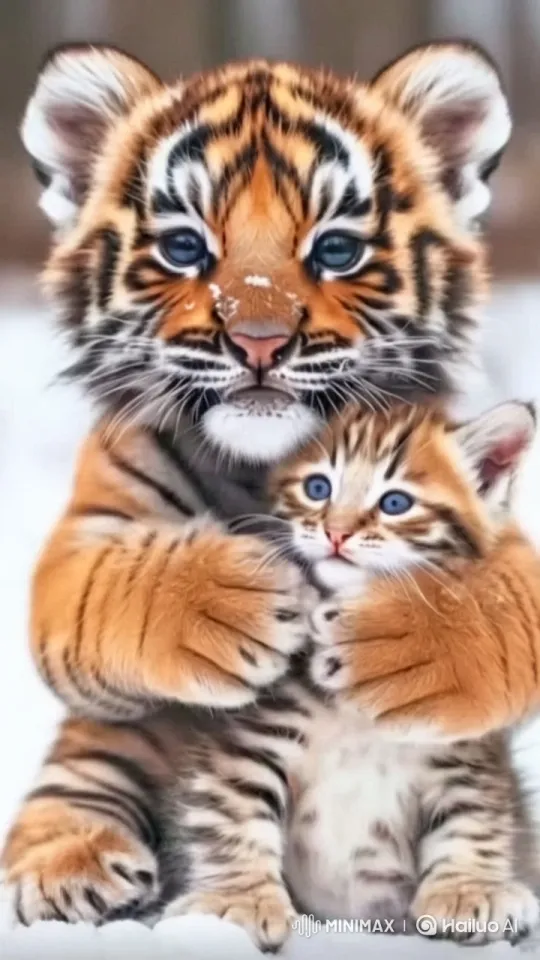 Tiger Cub and Kitten Bond in Snowy Serenity – AI Generated Video | Hailuo AI