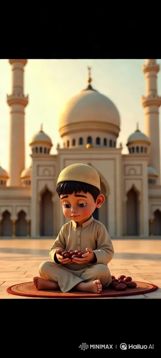 Young Boy Eating Dates in Front of Grand Mosque – AI Generated Video | Hailuo AI