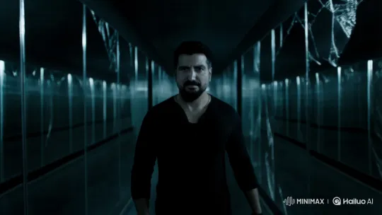 Man Walks Through Distorted Mirror Corridor in Dark Setting – AI Generated Video | Hailuo AI