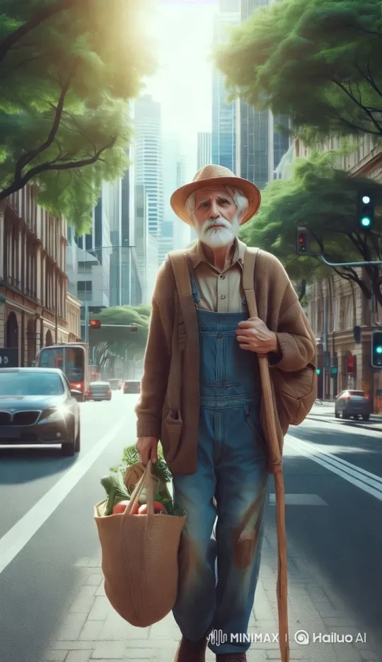 Urban Walker with Fresh Produce Amidst City Greenery – AI Generated Video | Hailuo AI