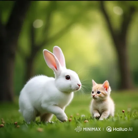 Playful Rabbit and Kitten in Serene Meadow – AI Generated Video | Hailuo AI