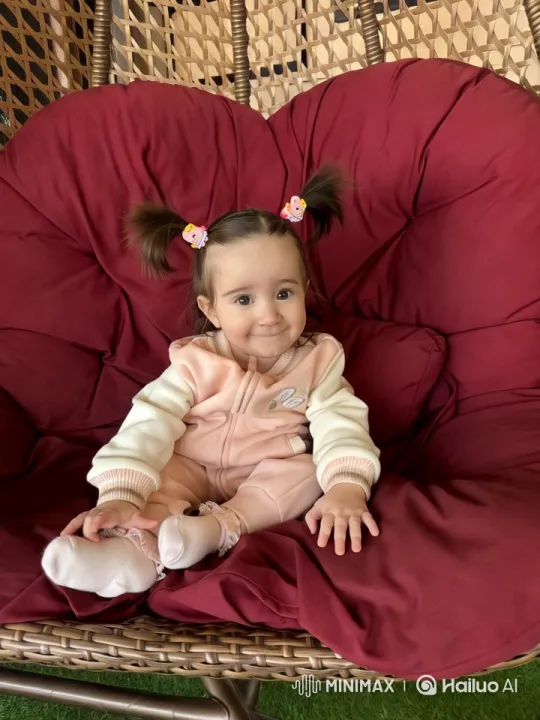 Child in Cozy Pastel Outfit on Wicker Chair – AI Generated Video | Hailuo AI
