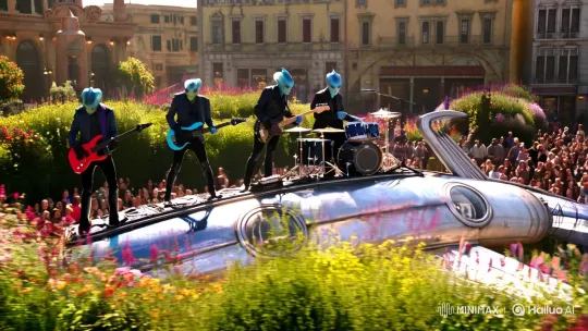 Alien Rockers Command Cosmic Ship in Bustling Town Square – AI Generated Video | Hailuo AI