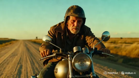 High-Speed Adventure: Man on Motorbike in Open Landscape – AI Generated Video | Hailuo AI