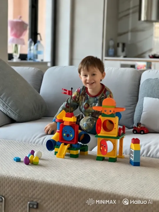 Boy Sings Heartfelt Song Amidst Playful Blocks – AI Generated Video | Hailuo AI