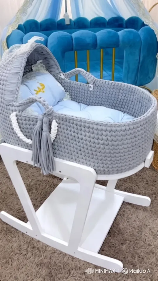 Luxurious Gray Woven Baby Bassinet Display – AI Generated Video | Hailuo AI