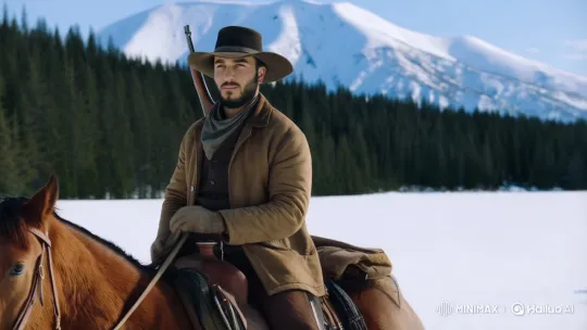 Rugged Cowboy Braving Snowy Wilderness – AI Generated Video | Hailuo AI