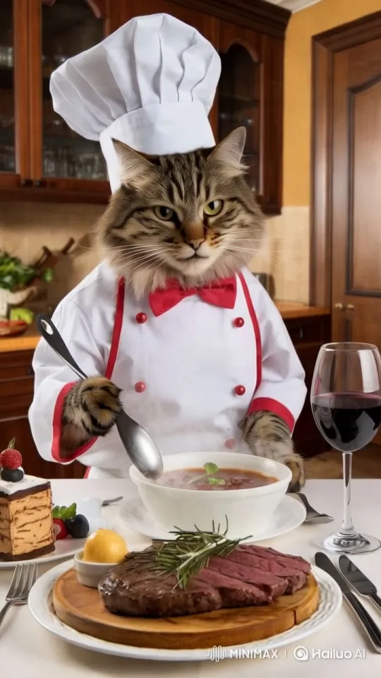 Cat Chef Prepares Elegant Meal in Decorative Kitchen – AI Generated Video | Hailuo AI