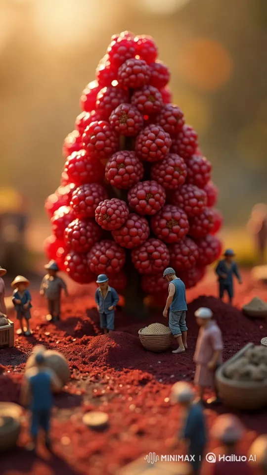 Miniature World: Workers Tending to a Giant Raspberry Cluster – AI Generated Video | Hailuo AI