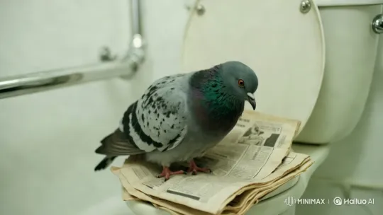 Pigeon on Toilet Reads Newspaper, Gets Belted, Flies to Moon Dropping Fries – AI Generated Video | Hailuo AI