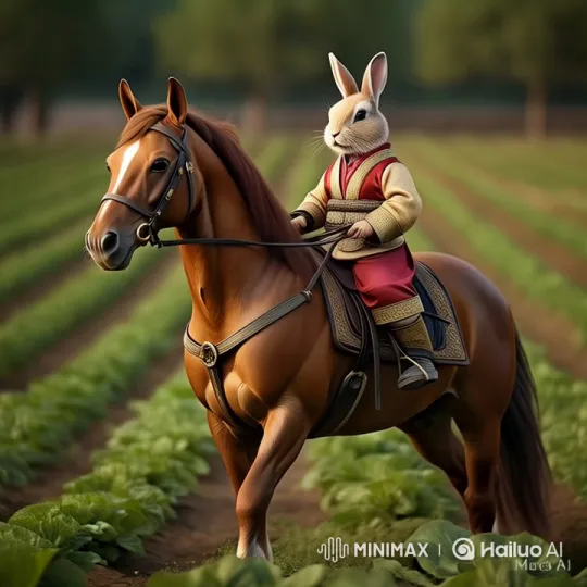 Rabbit in Traditional Attire Guides Horse Through Vegetable Field – AI Generated Video | Hailuo AI