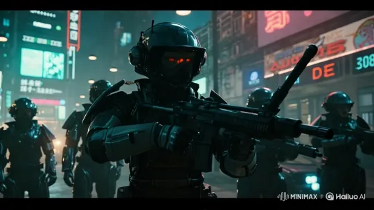 Cyberpunk 2077-Style Military Advance in Neon-Lit 2077 City – AI Generated Video | Hailuo AI
