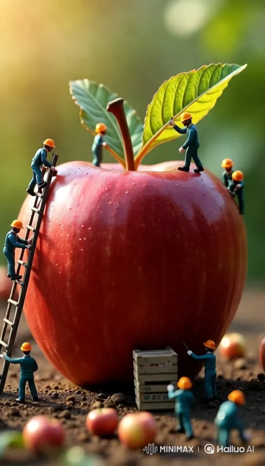 Miniature Workers Polish Enormous Apple in Hyper-Realistic Scene – AI Generated Video | Hailuo AI