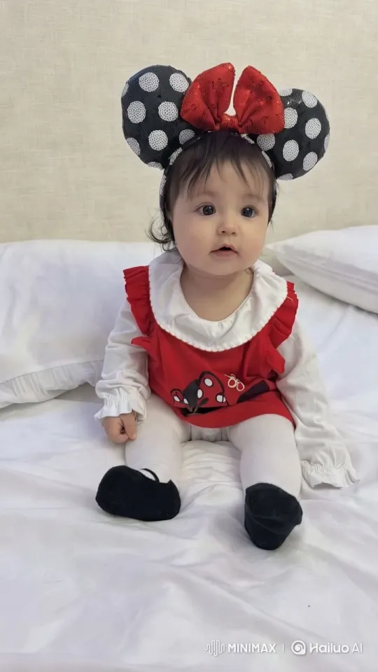 Baby Dressed as Minnie Mouse on White Bed – AI Generated Video | Hailuo AI