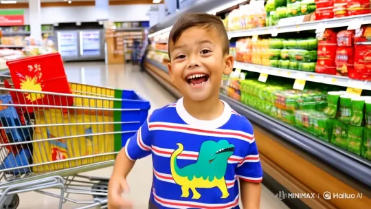 Boy's Joyful Superhero Play in Grocery Store – AI Generated Video | Hailuo AI