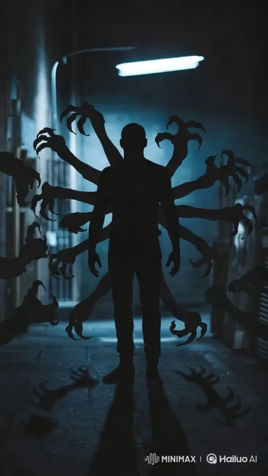 Eerie Alleyway: Silhouetted Figure with Claw-like Arms – AI Generated Video | Hailuo AI