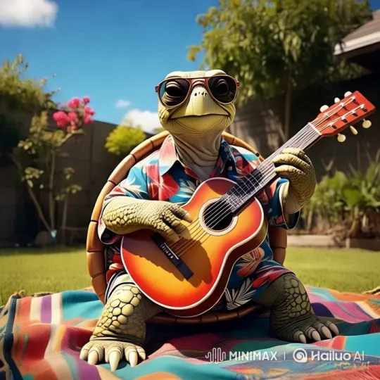 Turtle in Hawaiian Shirt Plays Guitar in Serene Garden – AI Generated Video | Hailuo AI