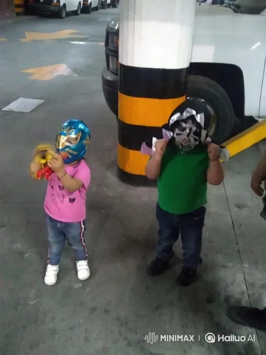 Colorful Wrestling Masks: Kids' Playful Fight in Parking Garage – AI Generated Video | Hailuo AI