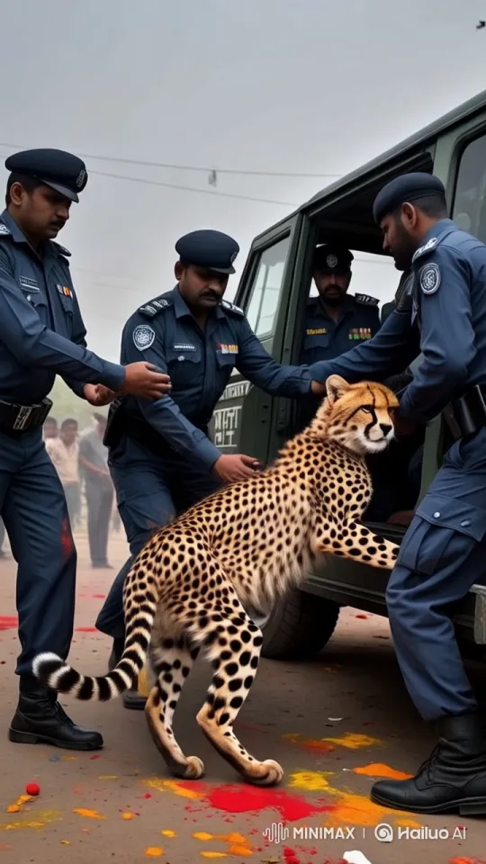 Cheetah Gently Guided into Jeep by Uniformed Officers – AI Generated Video | Hailuo AI