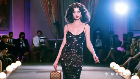 Glamorous Woman Struts in 1967 Casino Runway Fashion – AI Generated Video | Hailuo AI