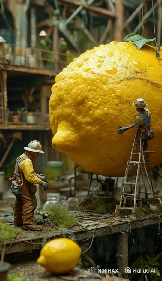 Workers Inspect Giant Lemon in Rustic Industrial Setting – AI Generated Video | Hailuo AI