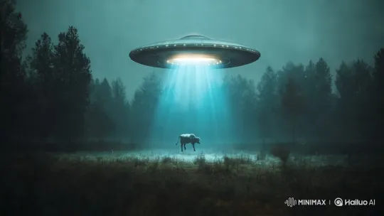 Misty Forest: Cow Abducted by Hovering UFO – AI Generated Video | Hailuo AI