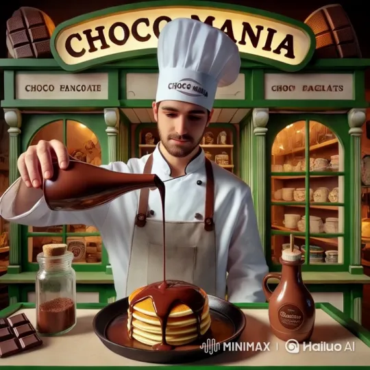 Choco Mania Chef Pours Chocolate Over Pancakes – AI Generated Video | Hailuo AI