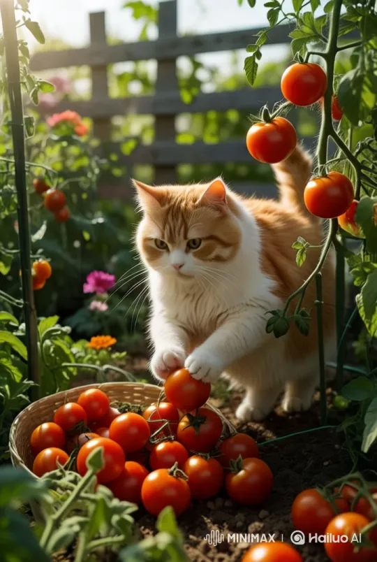 Curious Cat Explores Garden and Harvests Tomatoes – AI Generated Video | Hailuo AI