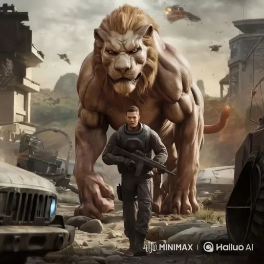 Soldier and Creature Navigate War-Torn Cityscape – AI Generated Video | Hailuo AI