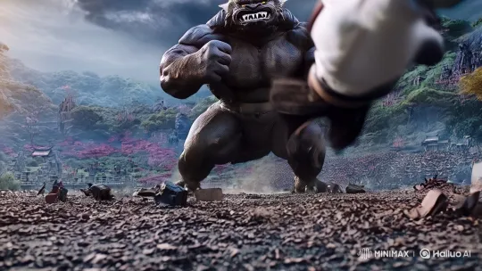 Japanese Woman Fights Towering Demon in Cinematic Battle – AI Generated Video | Hailuo AI