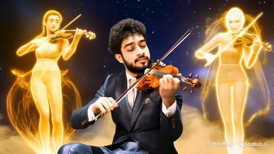 Fantasy Symphony: Man and Ethereal Violinist in Cosmic Harmony – AI Generated Video | Hailuo AI