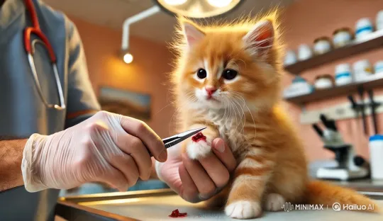 Vet Clinic Care: Orange Kitten's Paw Treatment – AI Generated Video | Hailuo AI