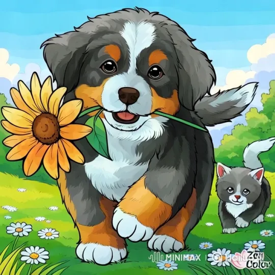 Joyful Pets Stroll Through Colorful Meadow – AI Generated Video | Hailuo AI