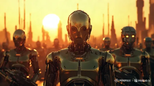 Futuristic Robots Under Golden Sunset Skyline – AI Generated Video | Hailuo AI