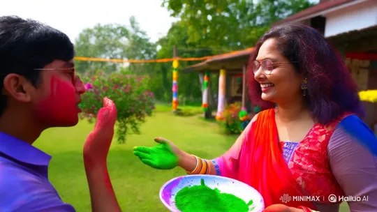 Joyful Holi Celebration with Vibrant Colors and Laughter – AI Generated Video | Hailuo AI