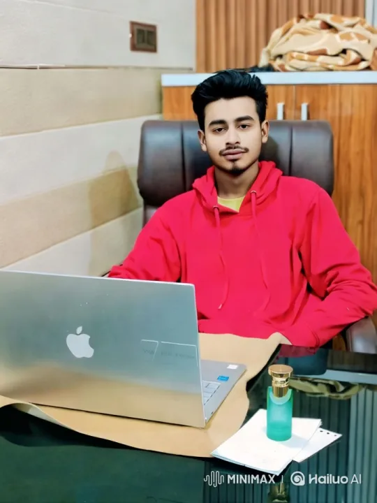 Young Man in Red Hoodie Engages with Apple Laptop – AI Generated Video | Hailuo AI