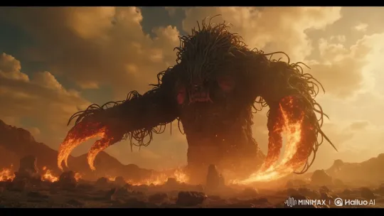 Colossal Fiery Creature in Apocalyptic Landscape – AI Generated Video | Hailuo AI