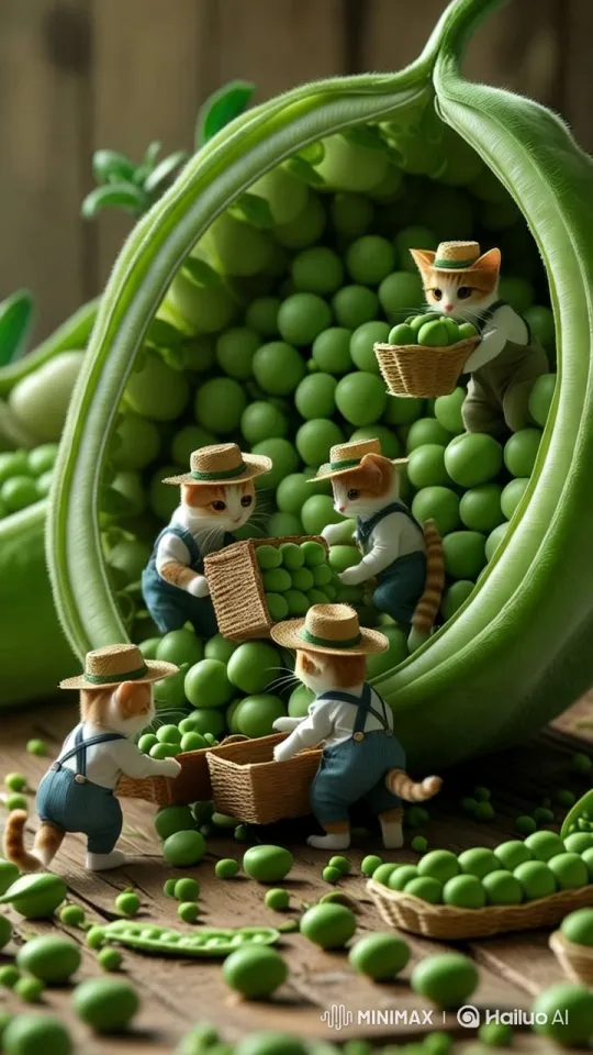 Fantasy Scene: Cats Harvesting Giant Peas in Pea Pod – AI Generated Video | Hailuo AI