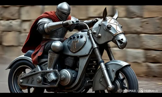 Medieval Knight Rides Futuristic Motorcycle with Horse-Like Design – AI Generated Video | Hailuo AI